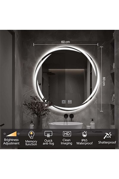 K Korman LED Round Mirror 60cm Touch Demisting System Dimmable E48S/60X60