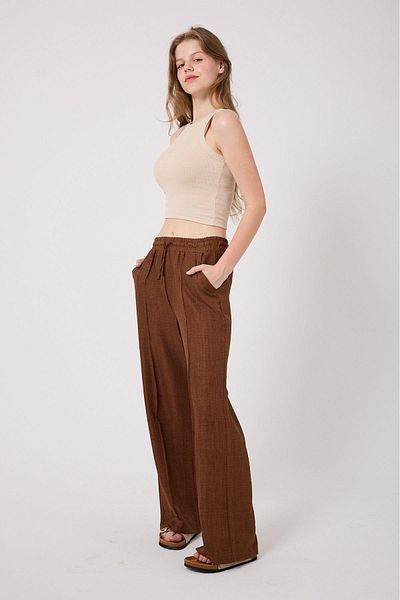 Irmak Kerekli Women's Linen Blend Palazzo Long Leg Loose Cut Trousers 1607