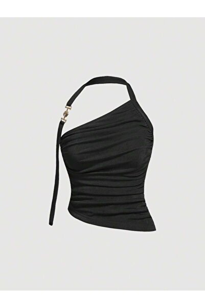 Eco Sense Bluză neagră asimetrică cu cataramă pe un umăr - Design modern și elegant - Îmbrăcăminte pentru femei