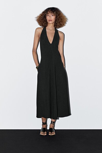 Massimo Dutti Derin sırt dekolteli halter yaka midi elbise