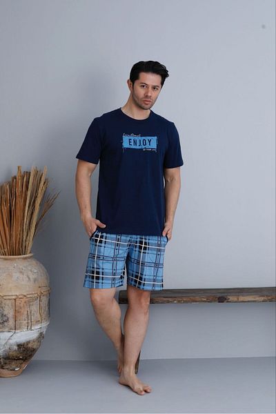 FORMO Men's 100% Organic Cotton Short Sleeve Plaid Shorts Natural Pajama Set