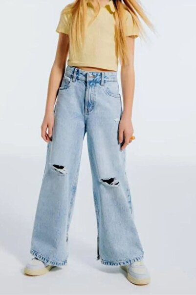 lumo bella kids Kız Çocuk Yırtık Detaylı Bol Paça Jean Pantolon (6-14 Yaş)