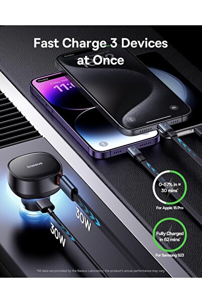 Baseus USB C Car Charger, 60W Retractable Car Charger, 3 in 1 Fast Car Charger