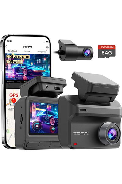 DDPAI كاميرا أمامية وخلفية للسيارة بدقة 4K+1080P، تتضمن بطاقة 64 جيجابايت، وواي فاي 5G مدمج، ونظام تحديد المواقع العالمي (GPS)،