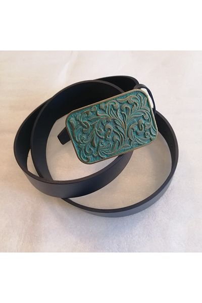 Butik Tülin Unisex Authentic Genuine Cowhide Navy Blue Bronze Green Ancient Flower Cowboy Buckle Belt