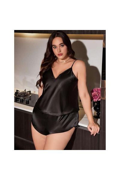 Findit Plus Size Black Satin Shorts Set