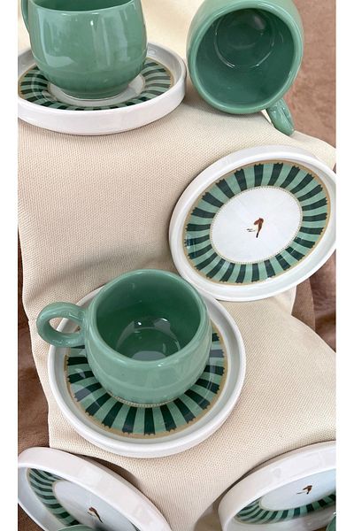 Erbaşlar Love Bird Green Series Chubby 12 Piece Luxury Ceramic Chubby Coffee Cup Set Turkish Coffee Cup