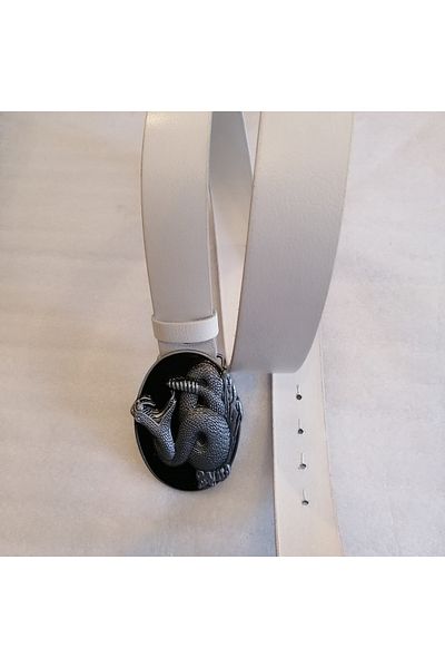 Butik Tülin Unisex Authentic Genuine Cowhide Leather White Silver Black Enamel Cobra Snake Cowboy Buckle Belt