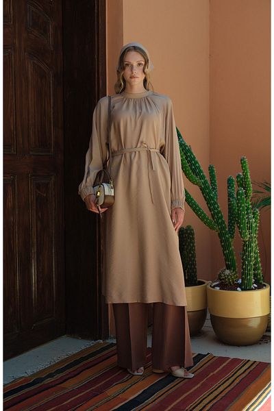 Fatma Atasoy Drawstring Tie Maxi Milk Brown Tunic