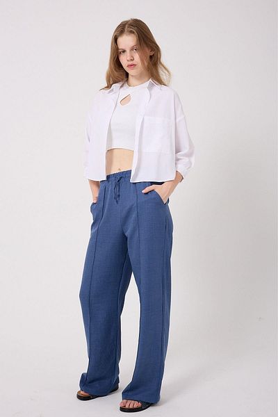 Irmak Kerekli Women's Linen Blend Palazzo Long Leg Loose Cut Trousers 1607