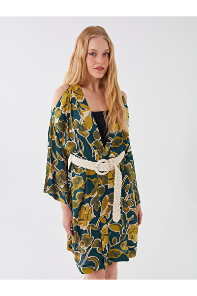 LC Waikiki Green Shawl Collar Patterned Voile Women's Kimono