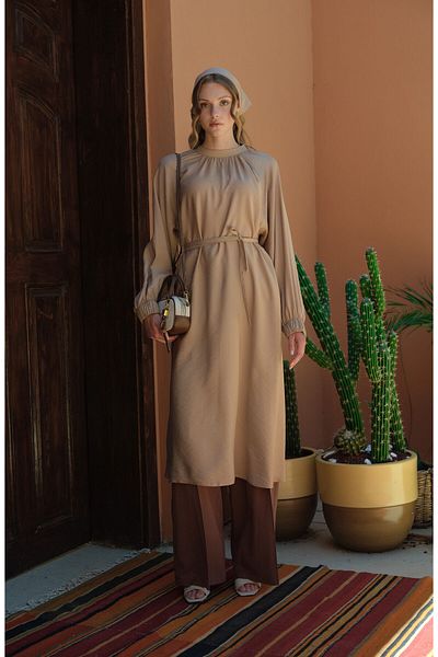 Fatma Atasoy Drawstring Tie Maxi Milk Brown Tunic