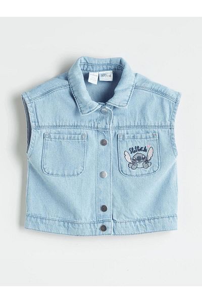 LC Waikiki Shirt Collar Stitch Printed Girl's Jean Vest