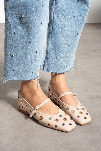 ShoeTek Ekster Women's Ballerina Flat Front Strap Ring Pin Stone Beige Leather