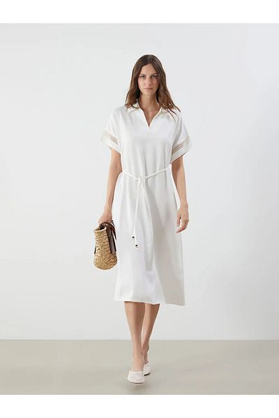 LC Waikiki Lcwaikiki Classic Ecru Shirt Collar Linen Blend Dress