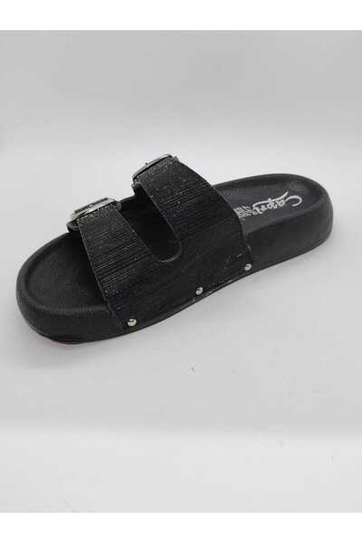 CAPRİ MODA Women's Silvery and Shiny Elegant Orthopedic Double Buckle Slippers