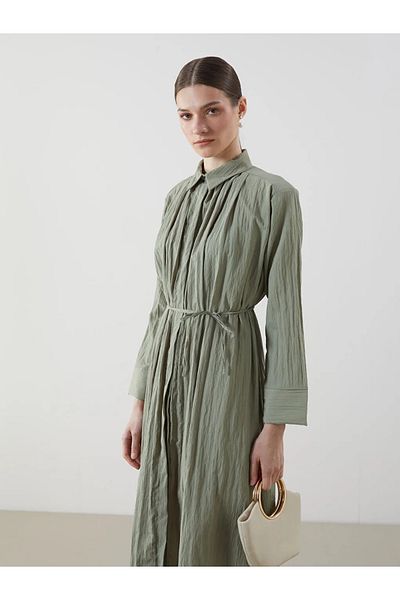 LC Waikiki Lcw Modest Green Oversize Textured Women's Shirt Dress