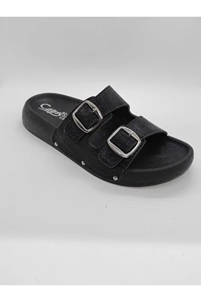 CAPRİ MODA Women's Silvery and Shiny Elegant Orthopedic Double Buckle Slippers