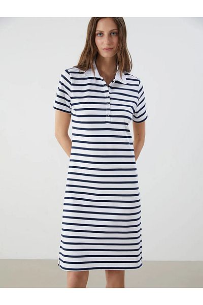 LC Waikiki Lcwaikiki Classic Navy Blue Polo Neck Striped Pique Dress