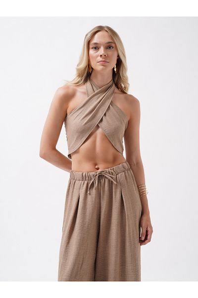 Black Fashion Low Waist Oversize Linen Beige Trousers