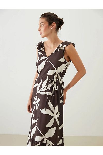 LC Waikiki Lcwaikiki Classic Brown V-Neck Floral Belted Dress