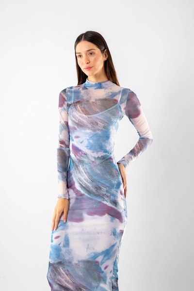 Bak Moda Batik Desenli Uzun Tül Mavi Elbise