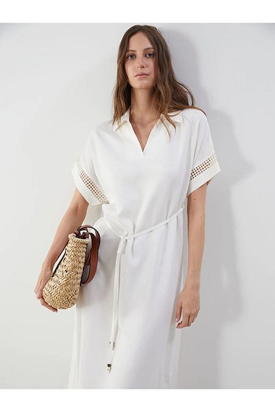 LC Waikiki Lcwaikiki Classic Ecru Shirt Collar Linen Blend Dress
