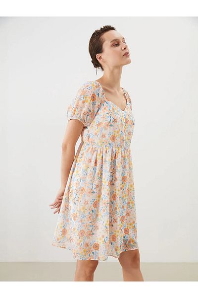 LC Waikiki Lcw Comfort Sari Sweetheart Neckline Floral Balloon Sleeve Dress