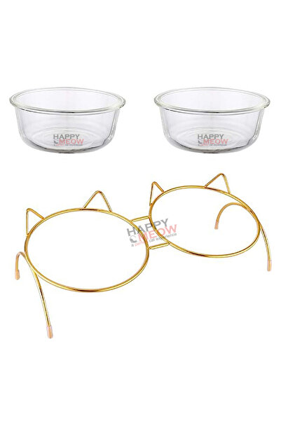 HAPPY MEOW Cat bowls, gold metal base in the shape of a cat's head, 500ml/bowl