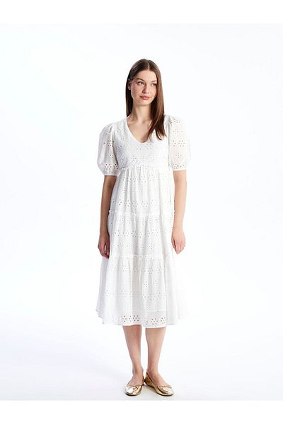 LC Waikiki Lcw V-Neck Self Pattern Short Sleeve Women's Dress Fast Fashion