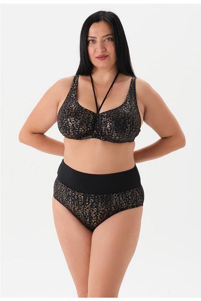 Eros 4088 Black Leopard Patterned High Waist Upf 50+ Uv Protection Underwire Gathering Bikini Suit