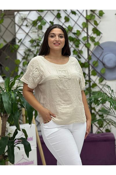 Punta Otantik Nc61130 Italian Back Mesh Laced Linen Blouse Cream