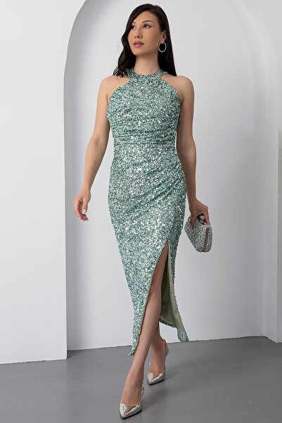 PULLIMM Halter Yaka Yırtmaçlı Pullu Midi Abiye Elbise BAL143