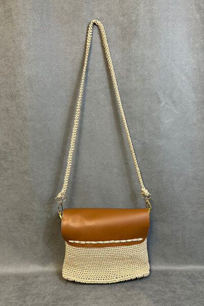 Uretti - Hülya 6683 5892 Hand Knitted Beige Macrame Rope and Tan Leather Cover Women's Shoulder Bag