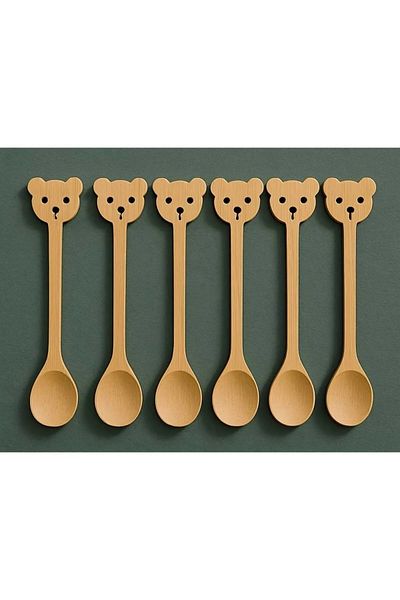 ARVALE Set of 6 Bamboo Small Wooden Spoons with Teddy Bear Patterned Figures