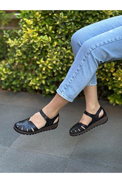 DİVA Μαύρο Δερμάτινο Ορθοπεδικό Γυναικείο Casual Σανδάλια