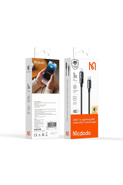 Mcdodo CA-8190 TYPE-C TO LİGHNİNG 7 Renkli LED Işıklı 36W 1.2M KABLO