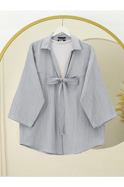Modamorfo Front Tie Crinkle Kimono - Gray