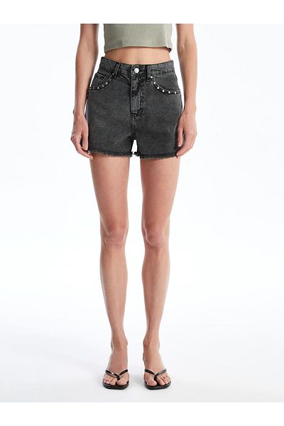 LC Waikiki Lcw High Waist Mom Fit Stoned Women's Jean Shorts Fast Fashion