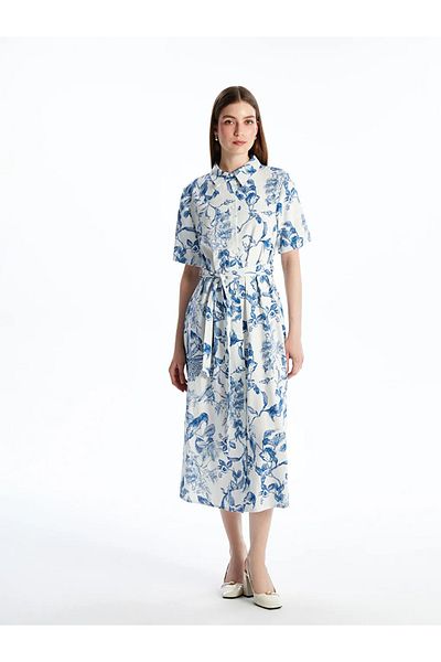 LC Waikiki Lcwaikiki Classic Blue Patterned Linen Blend Shirt Dress