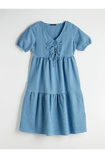 LC Waikiki Lcw Comfort Navy Blue Tie Collar Plaid Fold Dress