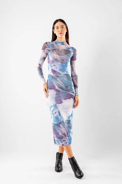 Bak Moda Batik Patterned Long Tulle Blue Dress