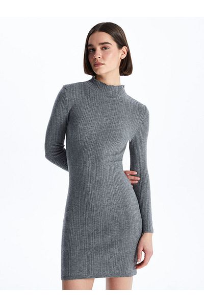 LC Waikiki Lcw Ruffled Stand Collar Straight Long Sleeve Women's Knitwear Dress Fast Fashion