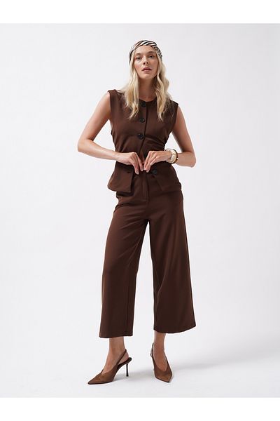Black Fashion Wide Leg Midi Length Brown Trousers