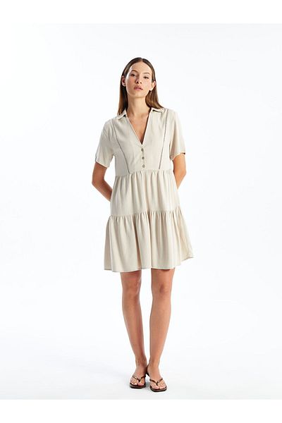 LC Waikiki Lcw Shirt Collar Embroidery Short Sleeve Linen Blend Women's Dress Fast Fashion