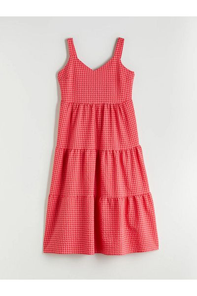 LC Waikiki Lcw Comfort Red Heart Neck Plaid Suspender Fold Dress