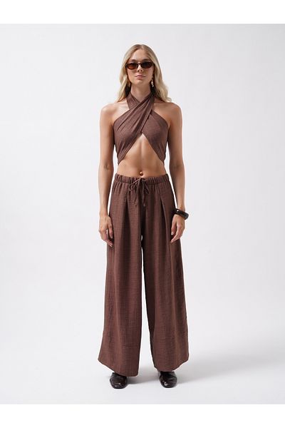 Black Fashion Low Waist Oversize Linen Brown Trousers