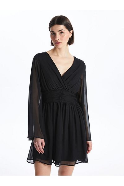 LC Waikiki Lcw Double Breasted Collar Straight Long Sleeve Chiffon Women's Dress Fast Fashion