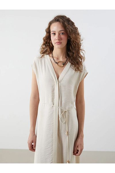 LC Waikiki Lcwaikiki Classic Beige V-Neck Textured Dress