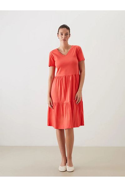 LC Waikiki Lcwaikiki Classic Orange V-Neck Katkat Dress